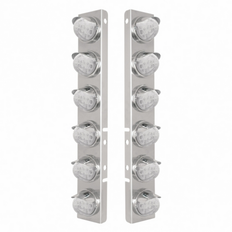 UP-39841 SS Front Air Cleaner Bracket With 12X 17 Amber LED Reflector Watermelon Lights & SS Visors For Peterbilt-Clear Lens
