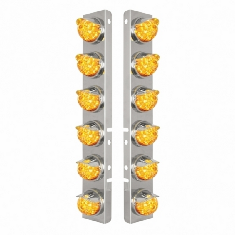 UP-39844 SS Front Air Cleaner Bracket W/12X 17 Amber LED Watermelon Lights & SS Visors For Peterbilt-Amber Lens