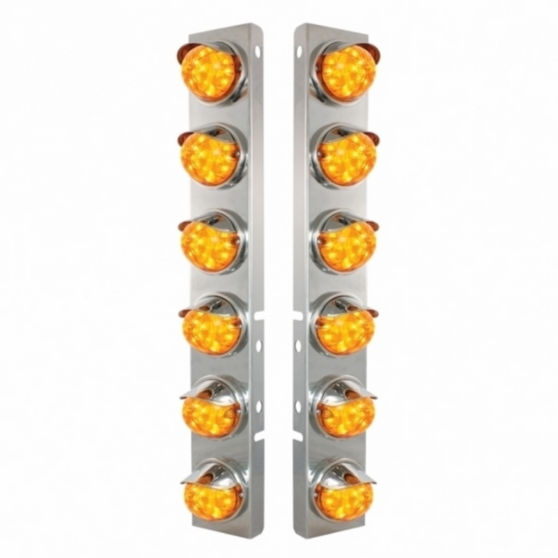 UP-39848 SS Front Air Cleaner Brkt With 12X 17 Amber LED Dual Func. Watermelon Lights & SS Visors For Peterbilt-Amber Lens