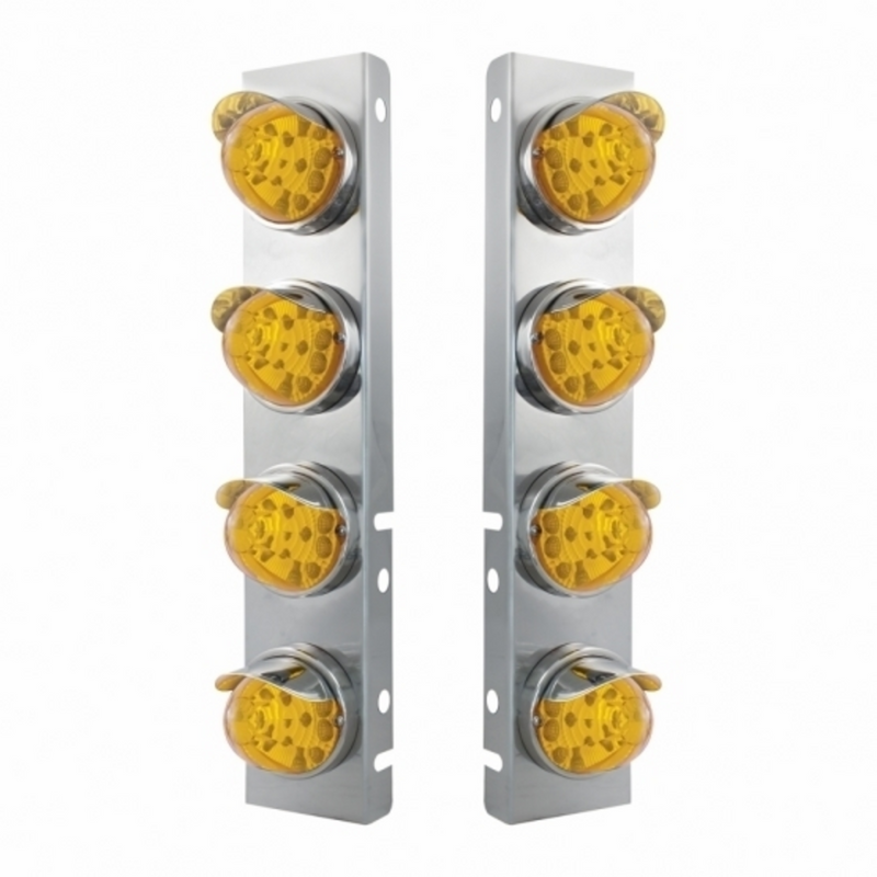 UP-39852 SS Front Air Cleaner Bracket With 8X 17 Amber LED Reflector Watermelon Lights & SS Visors For Peterbilt-Amber Lens