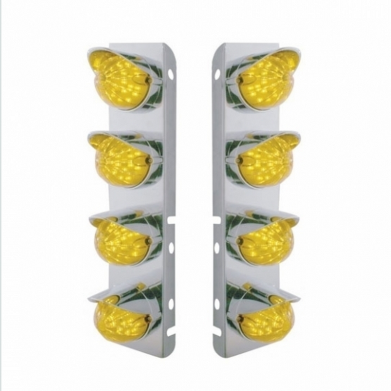 UP-39856 SS Front Air Cleaner Bracket With 8X 17 Amber LED Watermelon Lights & SS Visors For Peterbilt-Amber Lens