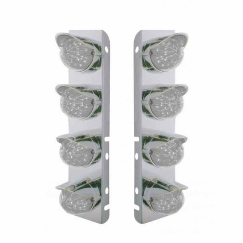 UP-39857 SS Front Air Cleaner Bracket With 8X 17 Amber LED Watermelon Lights & SS Visors For Peterbilt-Clear Lens