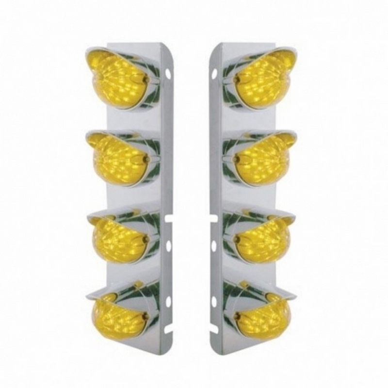 UP-39860 SS Front Air Cleaner Bracket With 8X 17 Amber LED Hi/Lo Watermelon Lights & SS Visors For Peterbilt -Amber Lens