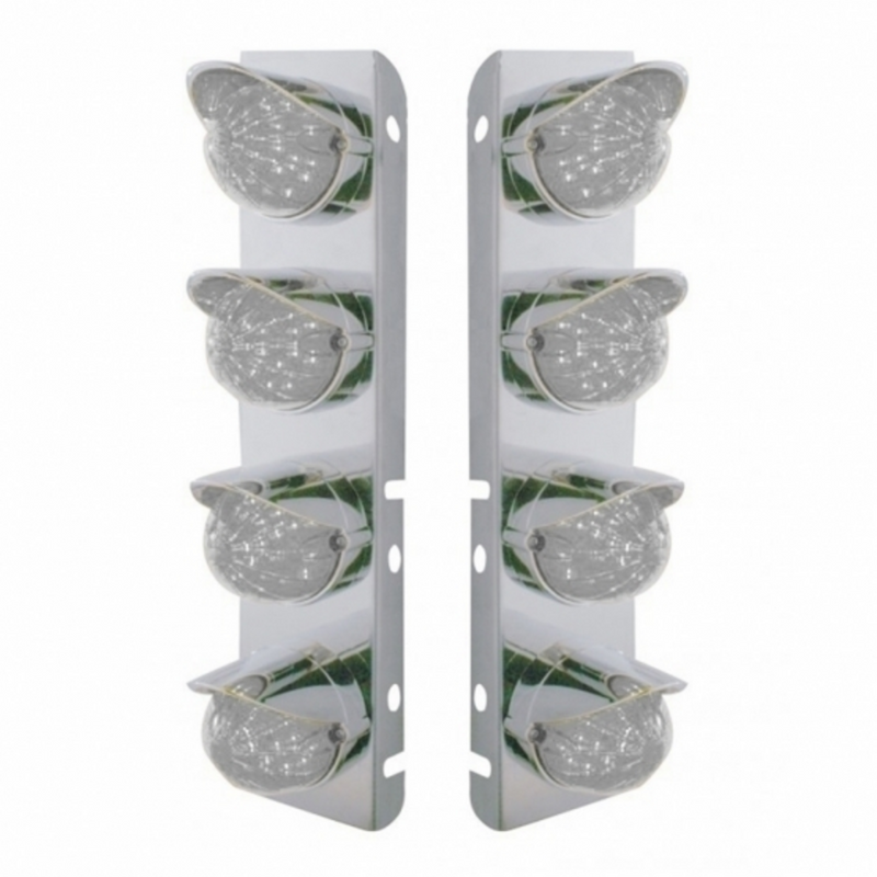 UP-39861 SS Front Air Cleaner Bracket With 8X 17 Amber LED Hi/Lo Watermelon Lights & SS Visors For Peterbilt-Clear Lens