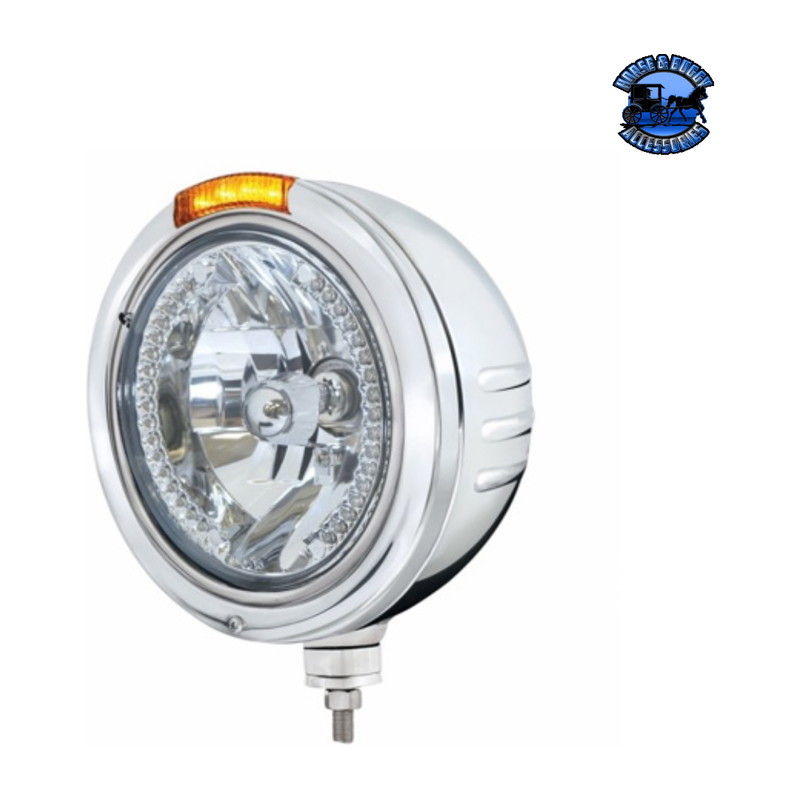 STAINLESS STEEL BULLET EMBOSSED STRIPE HEADLIGHT H4 WITH WHITE LED & DUAL MODE LED SIGNAL (Choose Color) (Choose Side) universal headlight Amber Light Gray