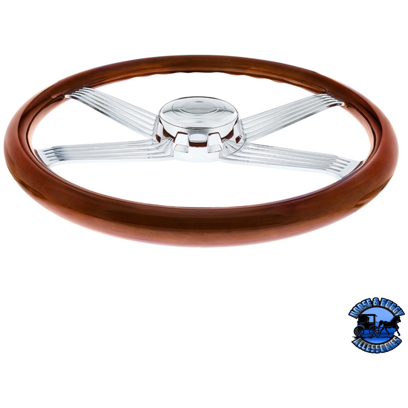 18" CHROME 4 SPOKE WITH WIRE CUTOUT STEERING WHEEL WITH HORN BEZEL & BUTTON-WOOD GRAIN #88118 steering wheel Saddle Brown