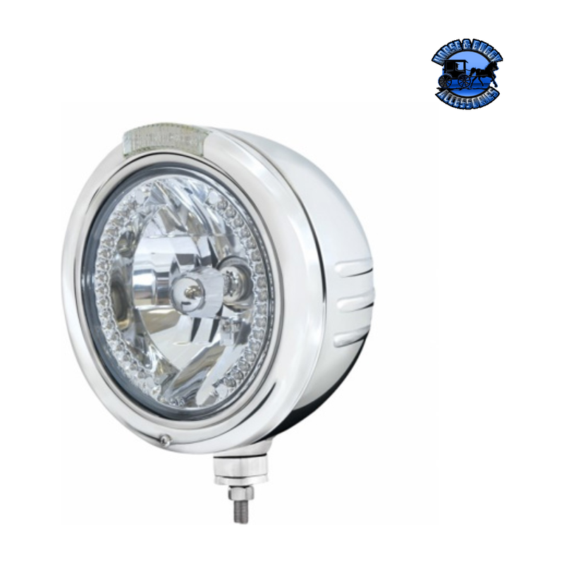 STAINLESS STEEL CLASSIC EMBOSSED STRIPE HEADLIGHT H4 WITH AMBER LED & DUAL MODE LED SIGNAL (Choose Color) HEADLIGHT Clear Light Gray