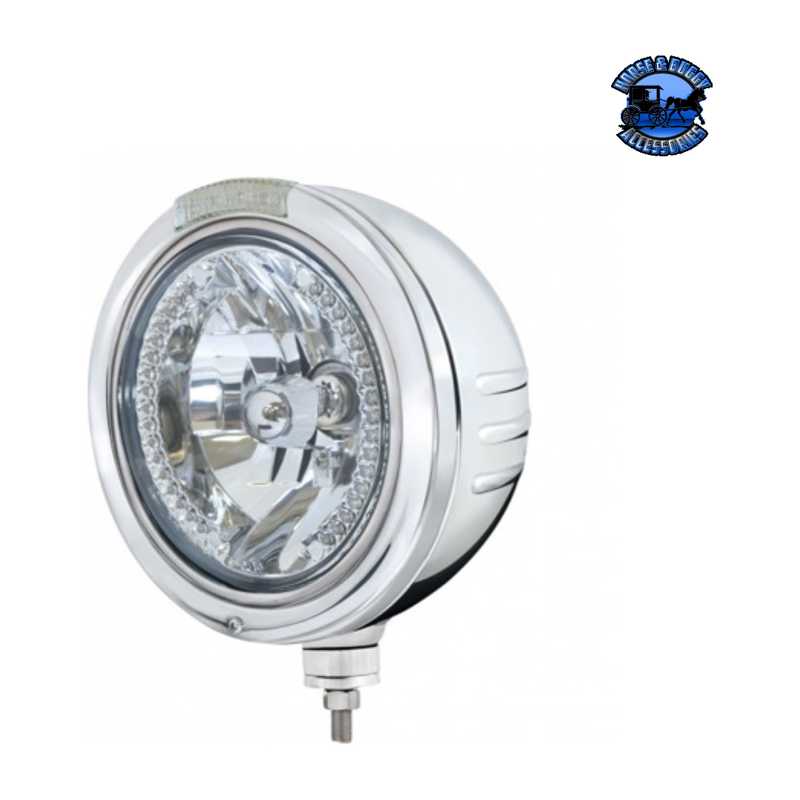 STAINLESS STEEL BULLET EMBOSSED STRIPE HEADLIGHT H4 WITH AMBER LED & DUAL MODE LED SIGNAL (Choose Color) universal headlight Clear Light Gray