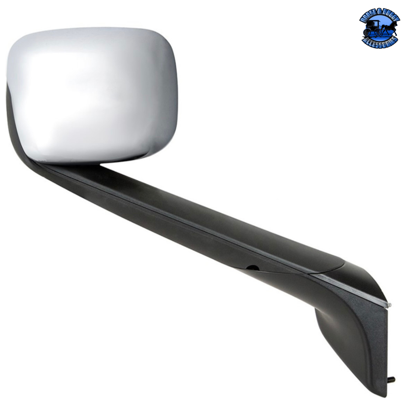 Black Hood Mirror With Heated Lens For 2018-2022 Freightliner Cascadia - Driver Hood Mirror Chrome / Passenger's Side Light Gray