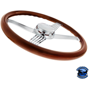 18" CHROME 4 SPOKE WITH WIRE CUTOUT STEERING WHEEL WITH HORN BEZEL & BUTTON-WOOD GRAIN #88118 steering wheel Saddle Brown