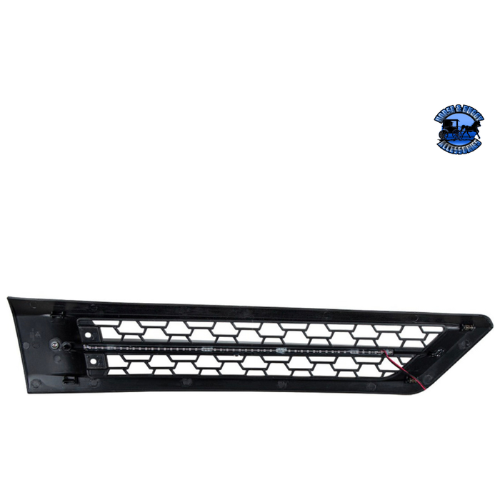 Black HOOD AIR INTAKE GRILLE WITH LED FOR 2018-2024 FREIGHTLINER CASCADIA 126 (Choose Color) (Choose Side) Air Intake Amber LED / Driver's Side,Amber LED / Passenger's Side,Blue LED / Driver's Side,Blue LED / Passenger's Side,Red LED / Driver's Side,Red LED / Passenger's Side,Green LED / Driver's Side,Green LED / Passenger's Side,White LED / Driver's Side,White LED / Passenger's Side