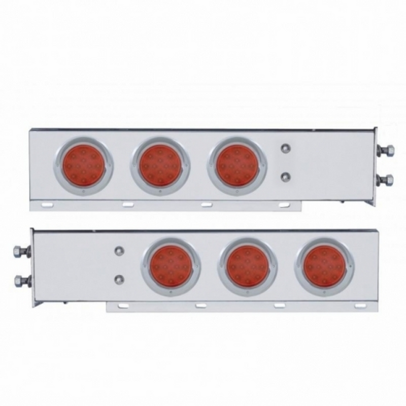 UP-61643 2-1/2" Bolt Pattern Chrome Spring Loaded Bar W/6X 12 LED 4" Refl. Lights & Visors-Red LED & Lens (2-Pack)