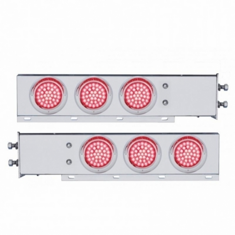 UP-61679 2-1/2" Bolt Pattern Chrome Spring Loaded Bar W/6X 36 LED 4" Lights & Visors -Red LED & Lens (Pair)