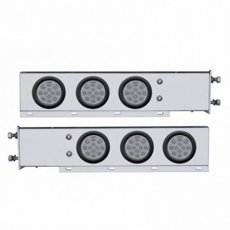 3-3/4" Bolt Pattern Chrome Spring Loaded Bar W/6X 12 LED 4" Reflector Lights -Red LED/Clear Lens (Pair)