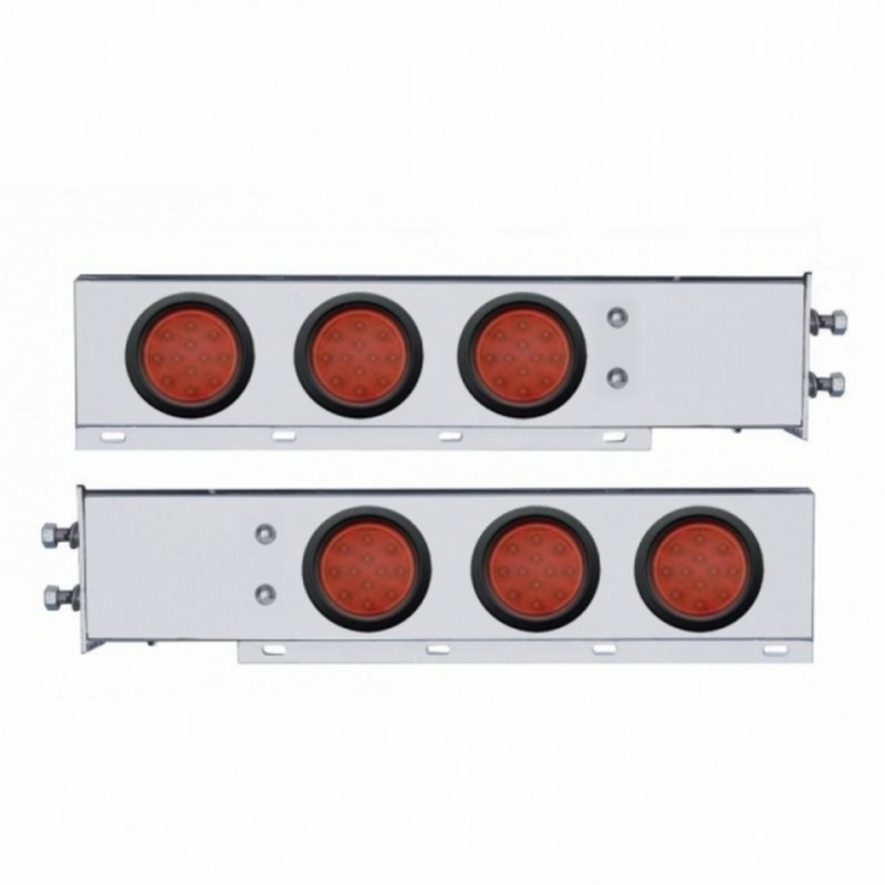 UP-63643 2-1/2" Bolt Pattern Chrome Spring Loaded Bar W/6X 12 LED 4" Reflector Lights -Red LED & Lens (2-Pack)