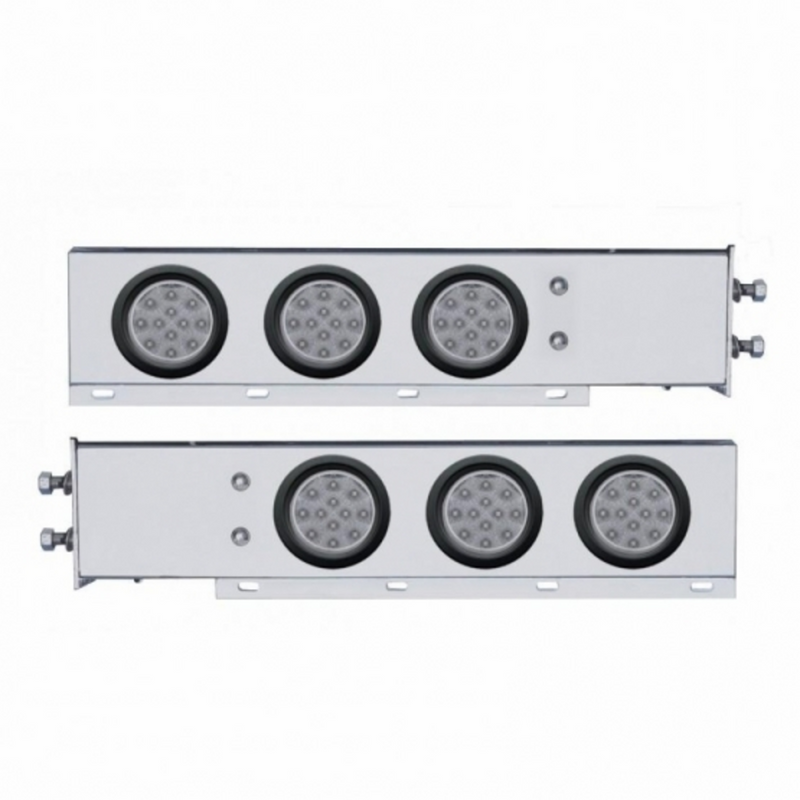 UP-63644 2-1/2" Bolt Pattern Chrome Spring Loaded Bar W/6X 12 LED 4" Reflector Lights -Red LED/Clear Lens (2-Pack)
