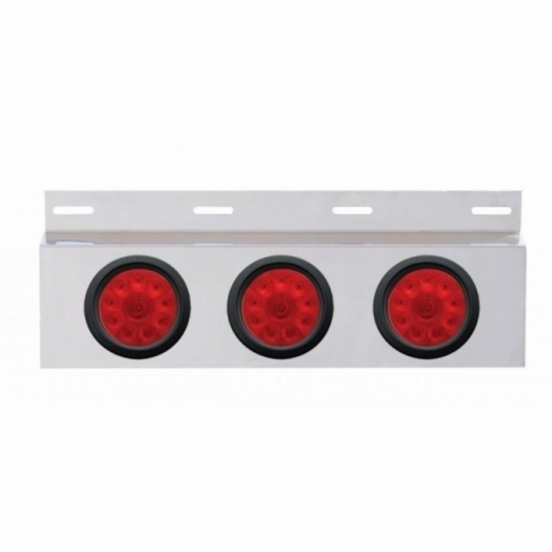 Stainless Top Mud Flap Plate With 3X 10 LED 4" Lights & Grommets - Red LED/Red Lens