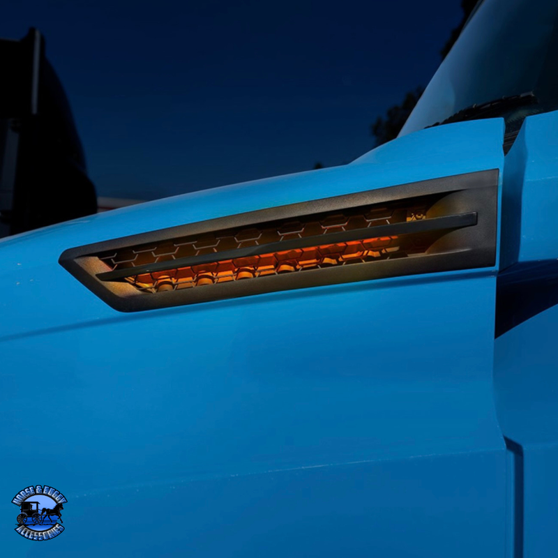 HOOD AIR INTAKE GRILLE WITH LED FOR 2018-2024 FREIGHTLINER CASCADIA 126 (Choose Color) (Choose Side) Air Intake Amber LED / Driver's Side,Amber LED / Passenger's Side,Blue LED / Driver's Side,Blue LED / Passenger's Side,Red LED / Driver's Side,Red LED / Passenger's Side,Green LED / Driver's Side,Green LED / Passenger's Side,White LED / Driver's Side,White LED / Passenger's Side Dark Cyan