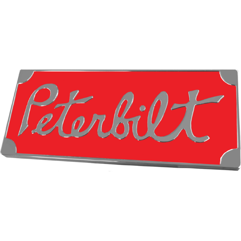 PETERBILT OLD STYLE ENGRAVED EMBLEM RECT. BLACK CHROME (190) EMBLEM Orange Red