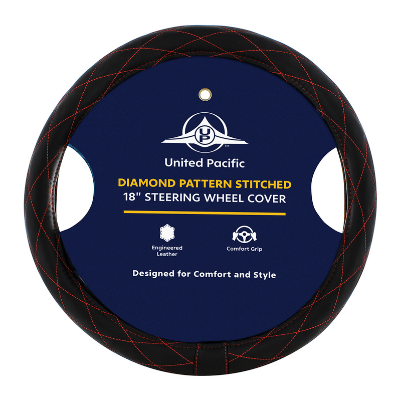 UP-70120 18" Crystal Stitched Leather Steering Wheel Cover - Red Stitching