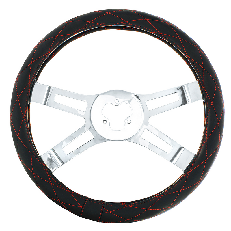 UP-70120 18" Crystal Stitched Leather Steering Wheel Cover - Red Stitching