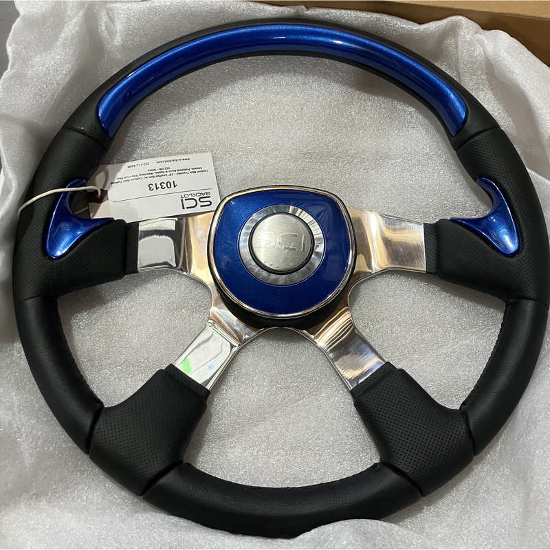 SC-10313 Custom Blue Traveler - 18" Leather Rim w/Custom Blue Painted Inserts, Polished Alum 4-Spoke, Matching Universal Pad - Silver Dark Gray