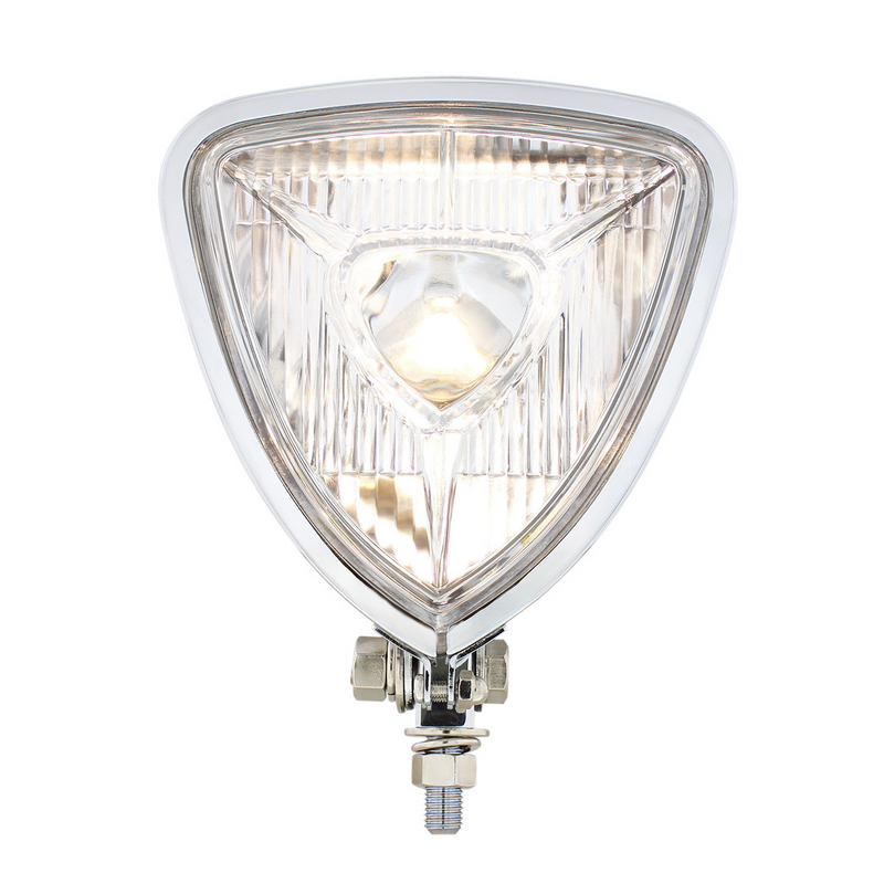Faro triangular con carcasa cromada y parte trasera plana