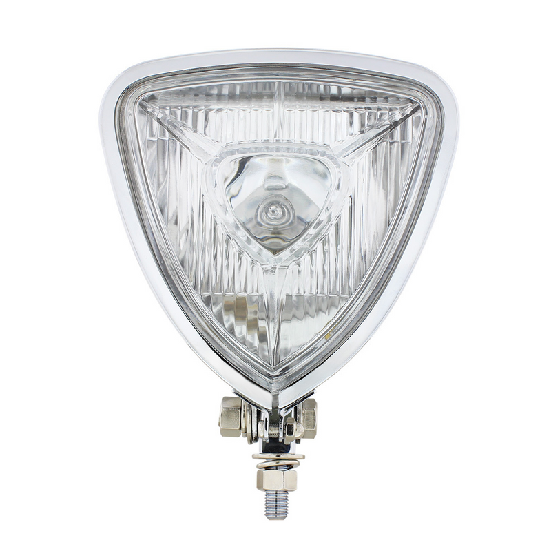 Faro triangular con carcasa cromada y parte trasera plana