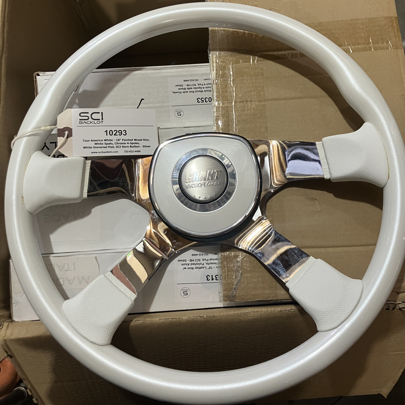 SC-10293 Tour America White - 18" Painted Wood Rim, White Spats, Chrome 4-Spoke, White Universal Pad, SCI Horn Button - Silver Dark Gray