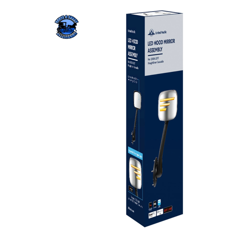 CHROME HOOD MIRROR ASSEMBLY WITH SEQUENTIAL LED TURN SIGNAL FOR 2008-2017 FREIGHTLINER CASCADIA (Choose Side) Mirror Chrome & Black / Driver's Side,Chrome & Black / Passenger's Side Midnight Blue