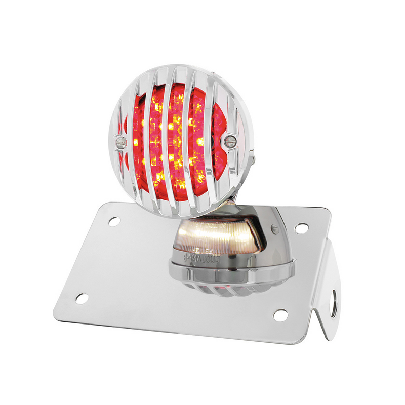 Motorcycle LED "Bobber" Style Horizontal Tail Light With Chrome Grille Bezel-Red Lens
