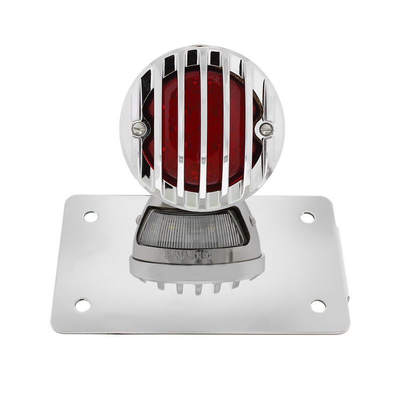 Motorcycle LED "Bobber" Style Horizontal Tail Light With Chrome Grille Bezel-Red Lens