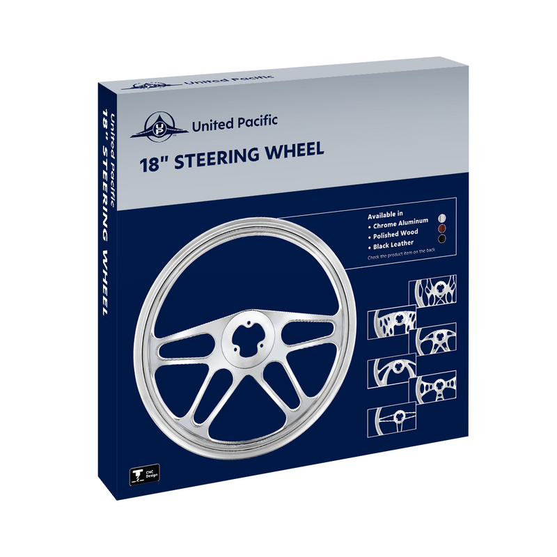 UP-88172 18" Chrome Aluminum "3-Spoke" Style Steering Wheel With Black Leather Rim