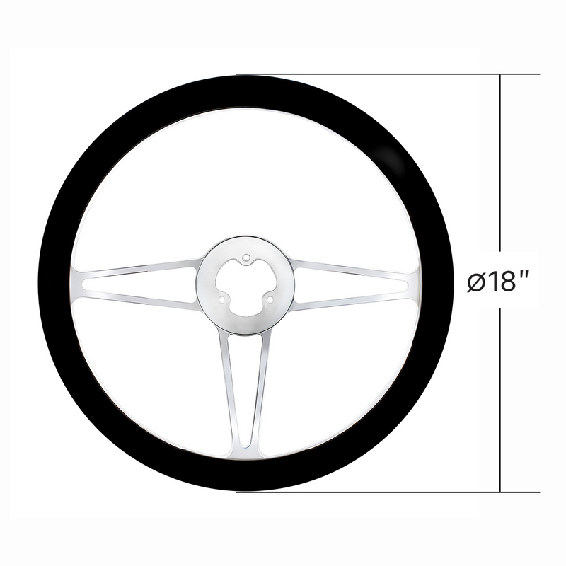 UP-88172 18" Chrome Aluminum "3-Spoke" Style Steering Wheel With Black Leather Rim