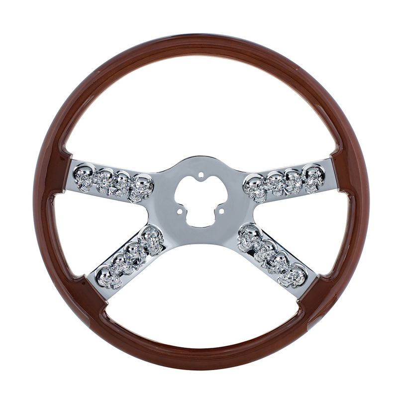UP-88174 18" Chrome Steering Wheel With Skull Accent - Wood