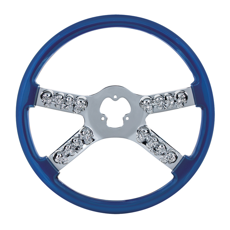 UP-88175 18" Chrome Steering Wheel With Skull Accent - Blue