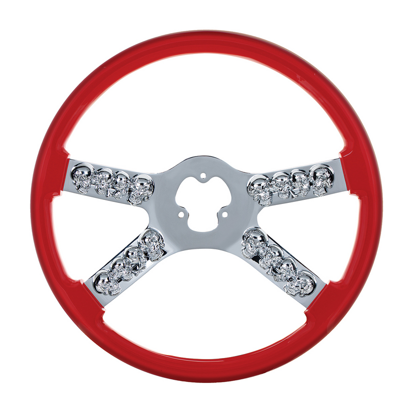 UP-88176 18" Chrome Steering Wheel With Skull Accent - Red
