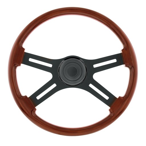 18" Matte Black 4 Spoke Steering Wheel With Horn Bezel & Button-Wood Grain