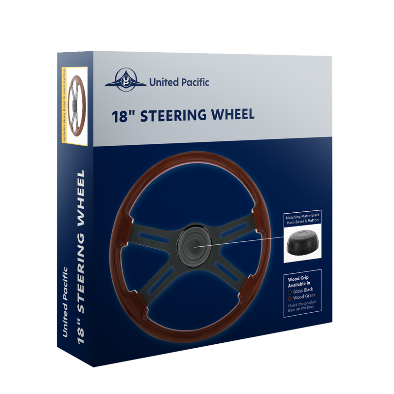 18" Matte Black 4 Spoke Steering Wheel With Horn Bezel & Button-Wood Grain