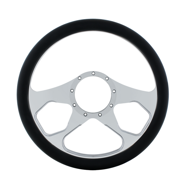 UP-88301 14" Chrome Aluminum 3 Spoke Style Steering Wheel With Black Engineered Leather Grip