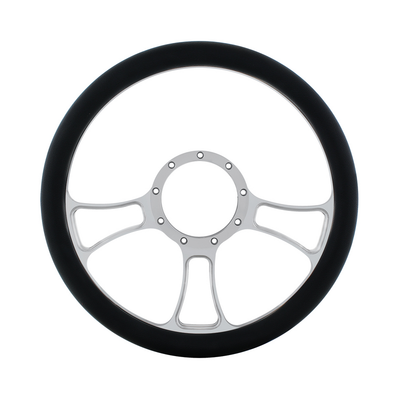UP-88302 14" Chrome Aluminum Blade Style Steering Wheel With Black Engineered Leather Grip