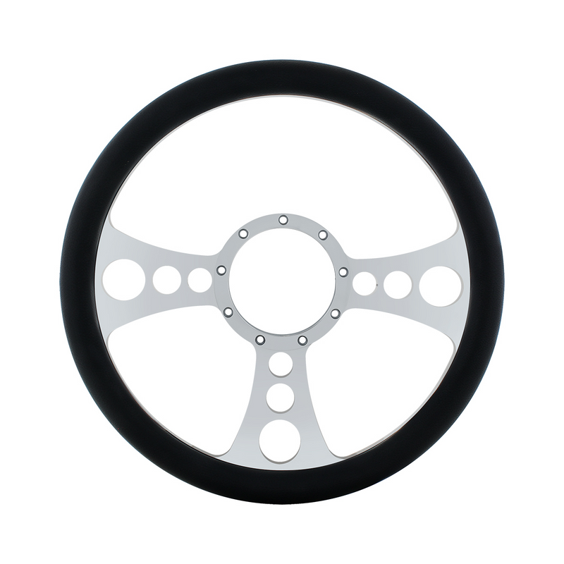 UP-88303 14" Chrome Aluminum Chopper Style Steering Wheel With Black Engineered Leather Grip
