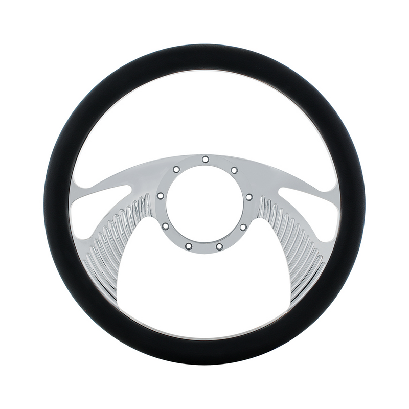 UP-88304 14" Chrome Aluminum Scorpion Style Steering Wheel With Black Engineered Leather Grip