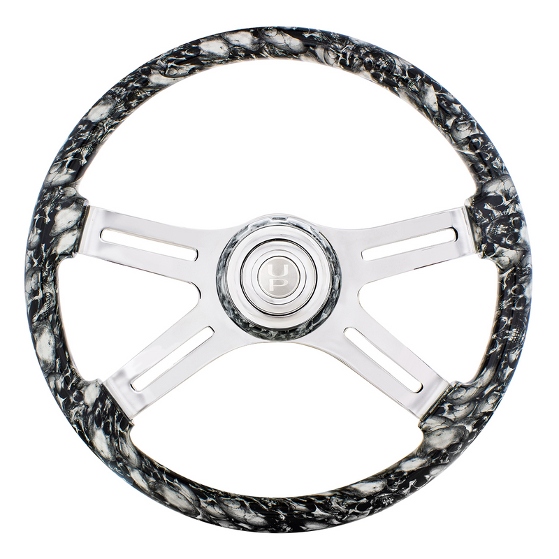 UP-88317 18" 4 Spoke Skull Steering Wheel With Matching Skull Horn Bezel - White