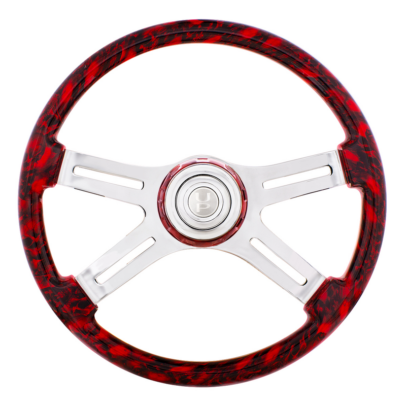 UP-88319 18" 4 Spoke Skull Steering Wheel With Matching Skull Horn Bezel - Red