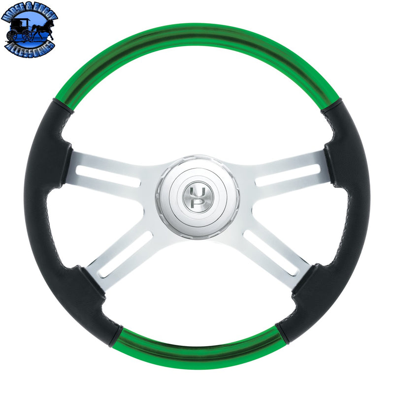 18" Leather & Wood Candy Color 4 Spoke Steering Wheel With Chrome Horn Bezel (Choose Color)