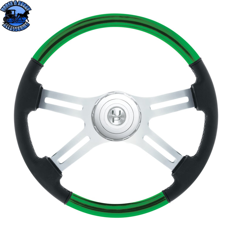 18" Leather & Wood Candy Color 4 Spoke Steering Wheel With Chrome Horn Bezel (Choose Color)
