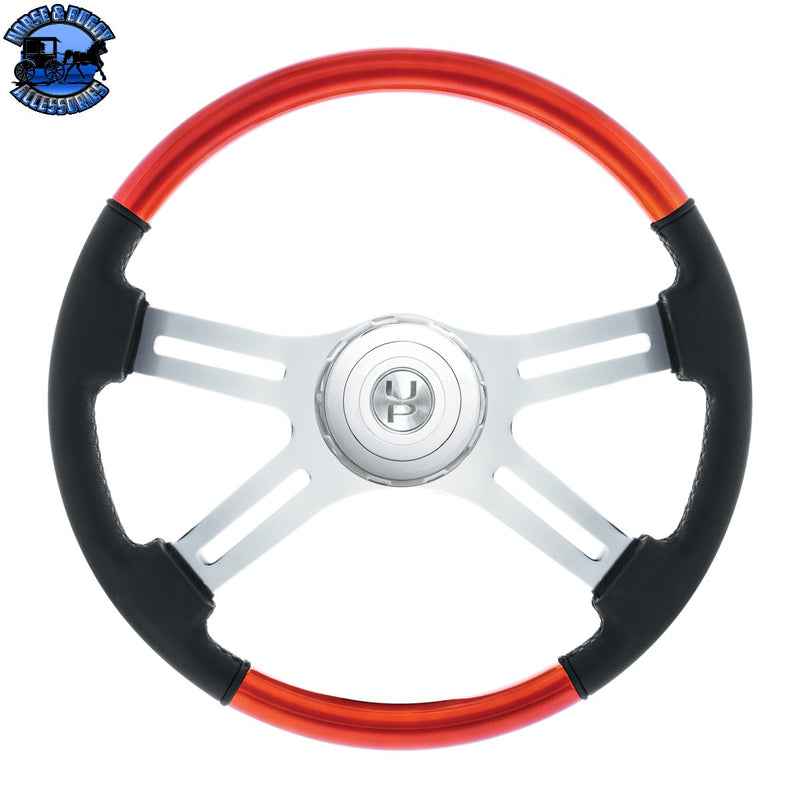 18" Leather & Wood Candy Color 4 Spoke Steering Wheel With Chrome Horn Bezel (Choose Color)