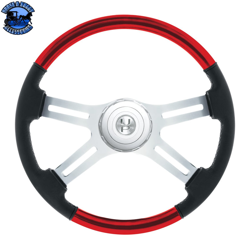 18" Leather & Wood Candy Color 4 Spoke Steering Wheel With Chrome Horn Bezel (Choose Color)