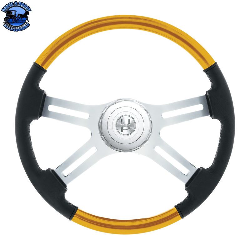 18" Leather & Wood Candy Color 4 Spoke Steering Wheel With Chrome Horn Bezel (Choose Color)